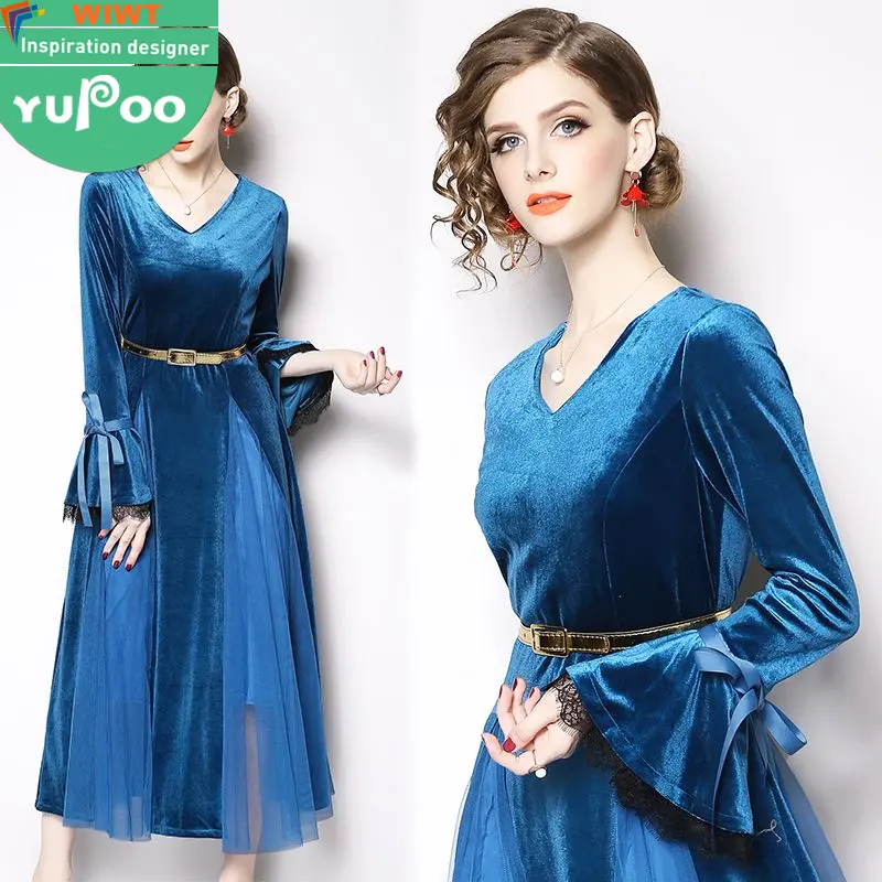 China best selling autumn new fashion elegant blue v neck slim a-line velvet patchwork mesh long sleeve women casual midi dress