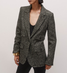 Blazer en laine et polyester pied-de-poule pour femme, manches trois-quarts, col cranté, simple boutonnage, infroissable, style automne - Product Image 2
