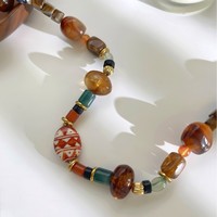 Collier tendance INS en résine marron et acier inoxydable avec perles, accessoire personnalisé pour femme, perles multicolores