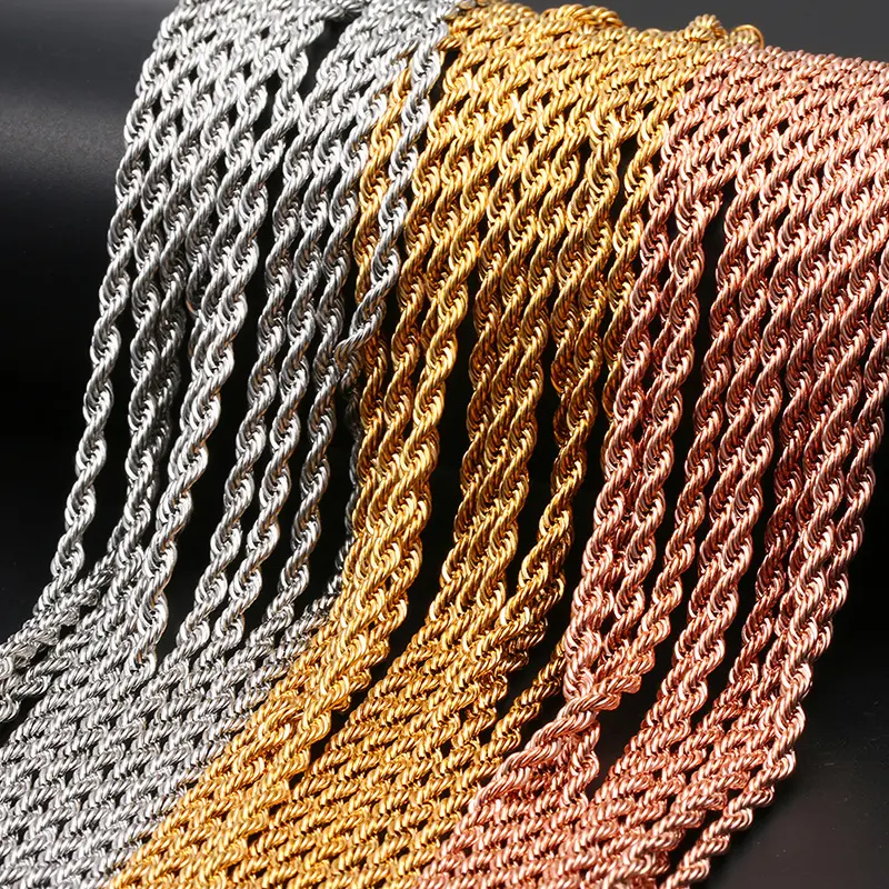 3mm HipHop Jewelry Men Women 18k Gold Plated Twist Rope Necklace Chain Stainless Steel Necklaces Chains for jewelry making