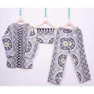 Ensemble de pyjama en satin à imprimé floral pour femmes 2024, 100% coton, col en V, décontracté, respirant, taille élastique, manches longues, longueur complète - Product Image 2