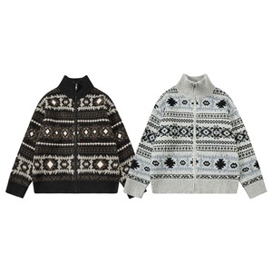 Autumn Thick Fair Isle Color Contrast Jacquard Zipper Closure Stand Collar Unisex Loose Preppy Style Knitted <strong>Cardigan</strong> <strong>Sweater</strong> - Product Image 5