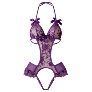 European American Cross-Border Sexy Lingerie <b>Pure</b> Desire Lace Nylon Bodysuit ODM Women's Crotchless Purple <b>Seduction</b> - Product Image 5