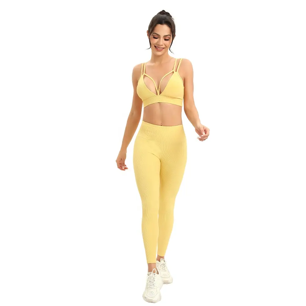 Abbigliamento Activewear a vita alta Leggings da donna Gym giallo a costine glutei Leggings Yoga pantaloni