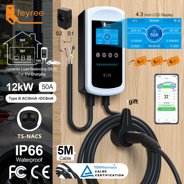 Feyree EV Charging Station NACS 12kW 50A Electric Car Charging Station DLB Function with WiFi RFID Card 5M EV Charging Cable