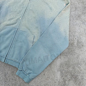 Custom 2025 Streetwear Heavyweight Rhinestone Hoodie Unisex Blanco Vintage Sun Faded Acid Wash Zip Up Sudaderas con capucha de gran tamaño - Product Image 3