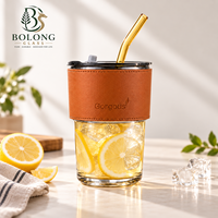Gobelet en verre moderne personnalisé avec logo, manchon pour paille, 450 ml, ambre, gris fumé, transparent, réutilisable, écologique, cadeau, rentrée scolaire, micro-ondes