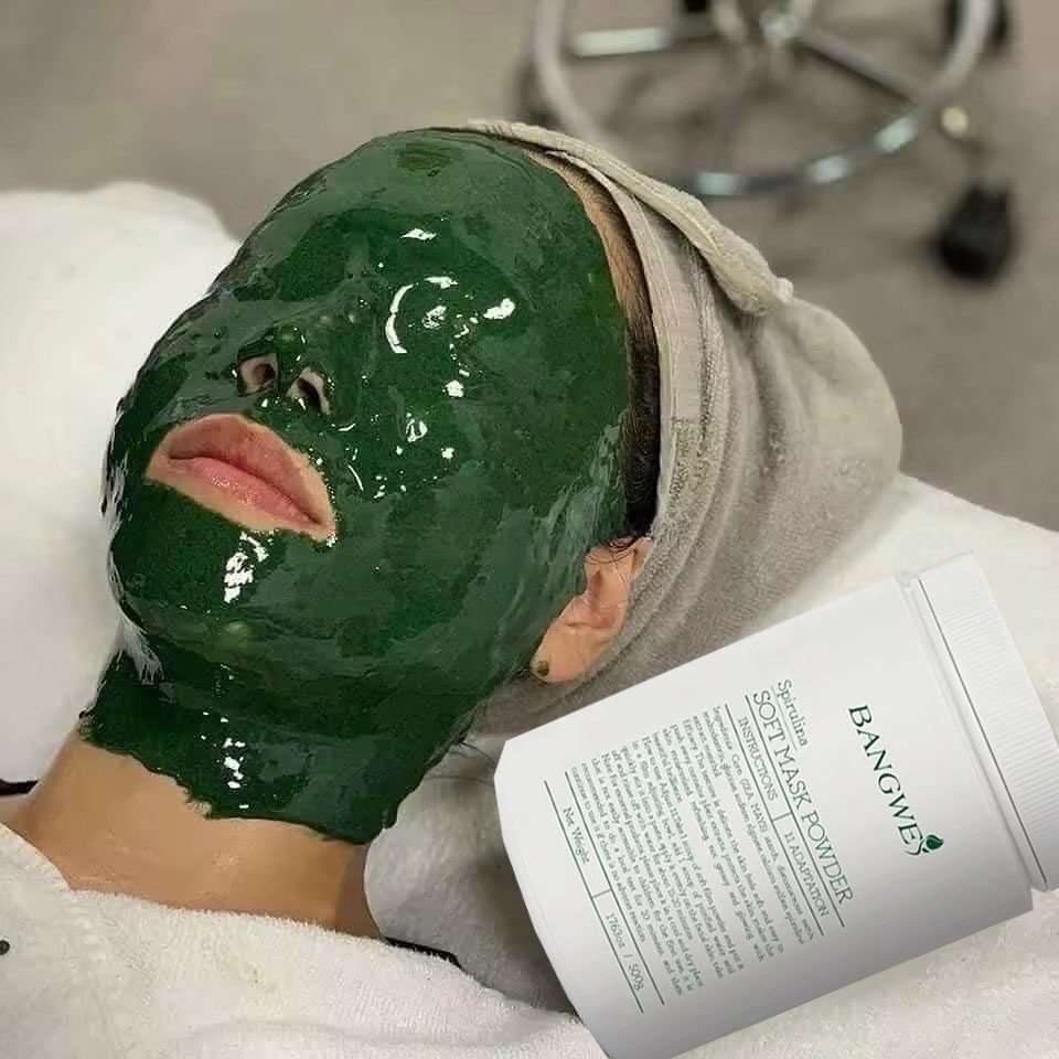 Hot Sales OEM Algae Green Mask Powder Acne Treatment Moisturize Anti-Aging Calm Spirulina Jelly Facial Mask Powder for Face Care