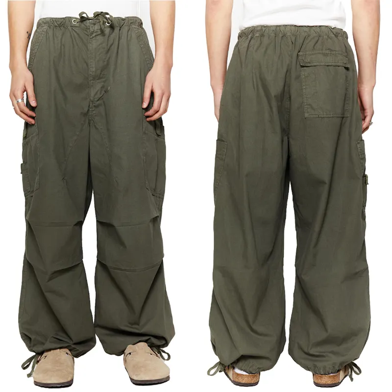 Wholesale Fashion Trend Six-pocket Button Closure Baggy Trousers Khaki Cotton Pleated Knee Parachute Cargo Pants For Men