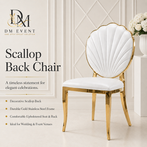 Chaise de mariage de luxe personnalisée en acier inoxydable doré avec dossier en coquille Saint-Jacques et rembourrage cannelé pour banquets d'hôtel - Product Image 1