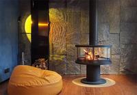 Cheminée autoportante noire en acier au carbone avec verre et table, pour hôtel, poêle à bois moderne, personnalisable