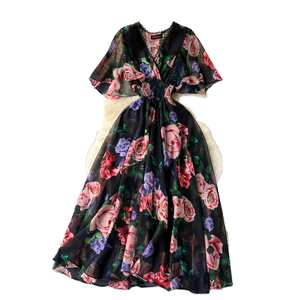 Vestido de chifón estampado con cuello en V para mujer, con efecto adelgazante en la cintura y mangas cortas con volantes, ideal para el verano. - Product Image 1