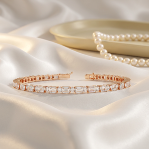 Bracelet tennis taille émeraude East West – Diamants de laboratoire CVD ronds alternés, en or rose massif 10K 14K 18K, ligne éternité - Product Image 1