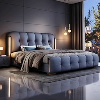 Lit double moderne de luxe 2026 avec cadre en bois, têtes de lit rembourrées, éclairage intégré et rangement en cuir – Collection de meubles de chambre à coucher