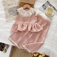 Nouvel ensemble deux pièces rose doux pour bébé fille, style coréen, été 2026 : chemise sans manches en dentelle et pantalon