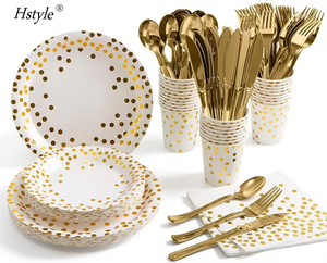 Hstyle Venta caliente Juego de vajilla de papel de Oro Negro Punto dorado Servilletas de fiesta Tazas Suministros SPT282 para juegos de vajilla de boda - Product Image 4