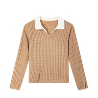Pull tricoté pour femme en mélange de laine, lyocell et lin, col polo contrastant, tricot torsadé, vente en gros, personnalisable