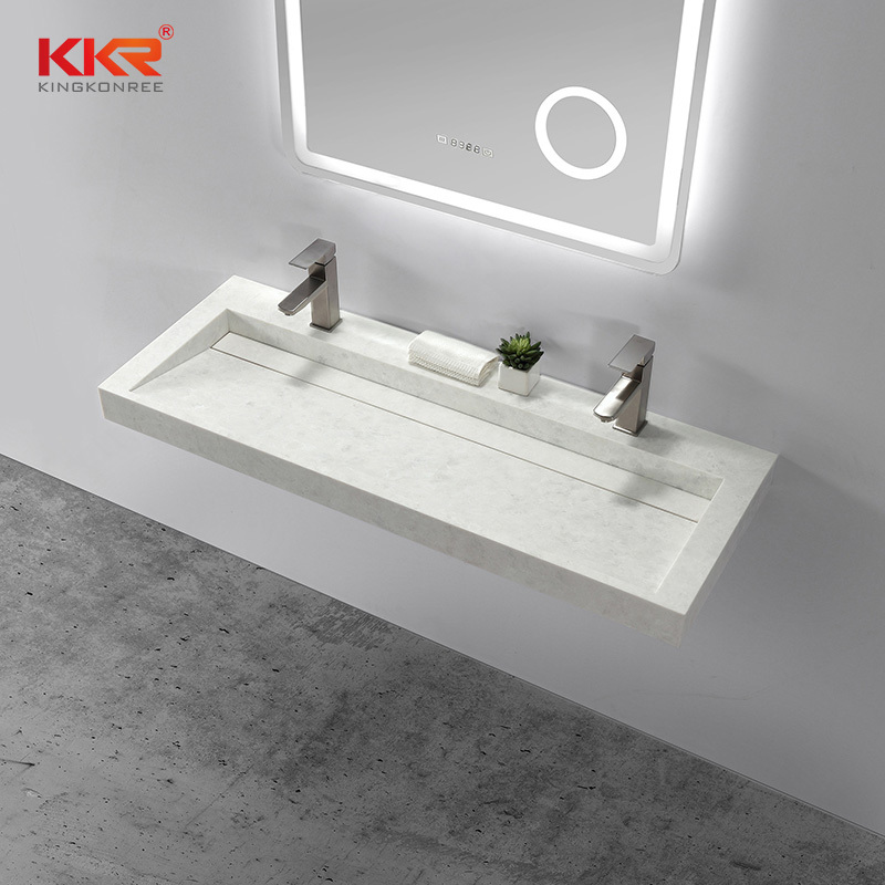 Baño caliente se hunde con dos grifos de superficie sólida integrada lavabo en el cuarto de baño de triángulo