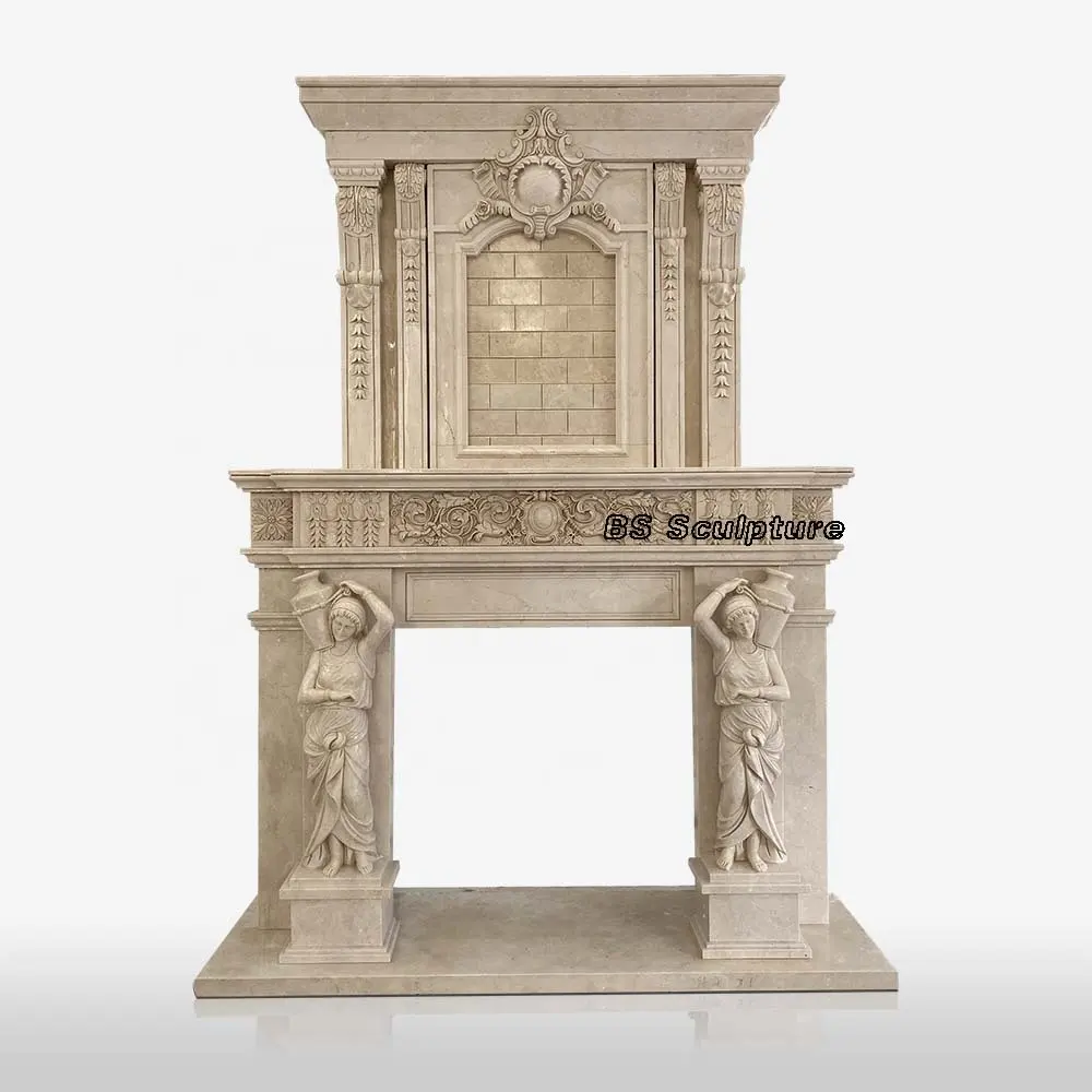 Antique large tall carved stone marble fireplace surround shelf mantel for sale