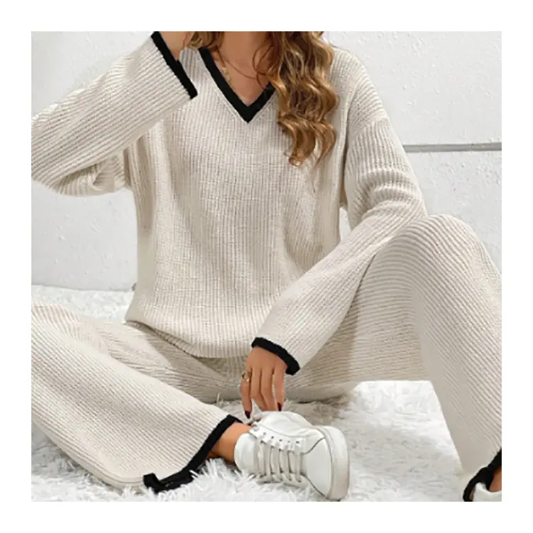 Long Sleeve Knitting Sweater Cotton 2 Pieces Lounge Wear Women Sets Home Clothes Two Piece