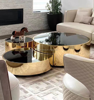 Table basse ronde de luxe 3 pièces en verre noir et acier inoxydable, ensemble de tables à thé modernes – Offre spéciale