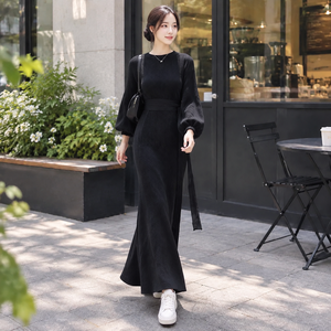 Women's Black Knitted Maxi <b>Sweater</b> Dress Long Sleeve Crew Neck Fit And Flare With Belt Autumn Wear - Product Image 4
