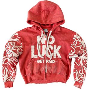 <span class=keywords><strong>Felpa</strong></span> con Cappuccio Rossa Vintage Personalizzata di Alta Qualità, con Zip Intera, Stile Streetwear, Maniche in Cotone con Strass e Bordi Grezzi, Effetto Lavato - Product Image 4