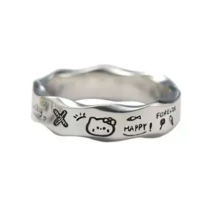 Cincin pasangan coretan kartun untuk pria wanita lucu Hello Kitty Pacha cincin jari terbuka aksesoris perhiasan harian