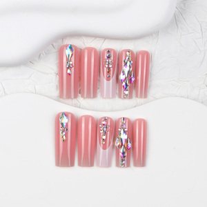 24pcs Long ABS Pipe Pattern Nail Simple White French & Gradient avec Sparkling Diamond Square Style Application Trends Fake Nail - Product Image 3