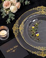 100 Assiettes jetables en plastique transparent écologiques de 10,25 pouces avec bord doré pour mariages, fêtes, rentrée scolaire, baby showers