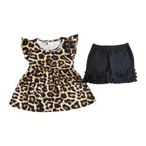 D6-12 baju anak perempuan, baju gaya Barat musim panas motif macan tutul atasan renda hitam