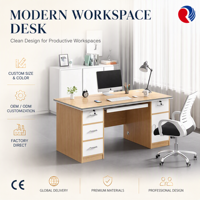 Bureau de direction à double piétement, finition bois clair et blanc, table de bureau avec tiroirs de rangement, meuble moderne pour manager