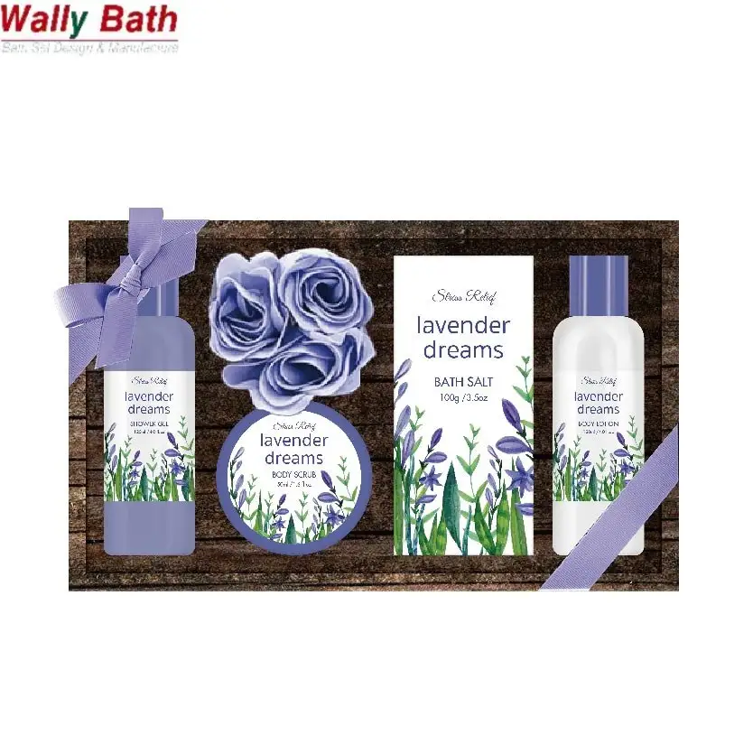 5 Pcs Lavender Scent shower gel Bath Spa Gift Set sponge for Women Home Spa Wooden box Gift Basket Spa