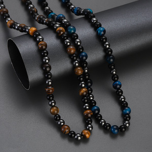 Kalung Pria harian gaya Eropa Amerika Khusus kalung manik-manik batu mata harimau hitam khusus perhiasan mode baru - Product Image 1