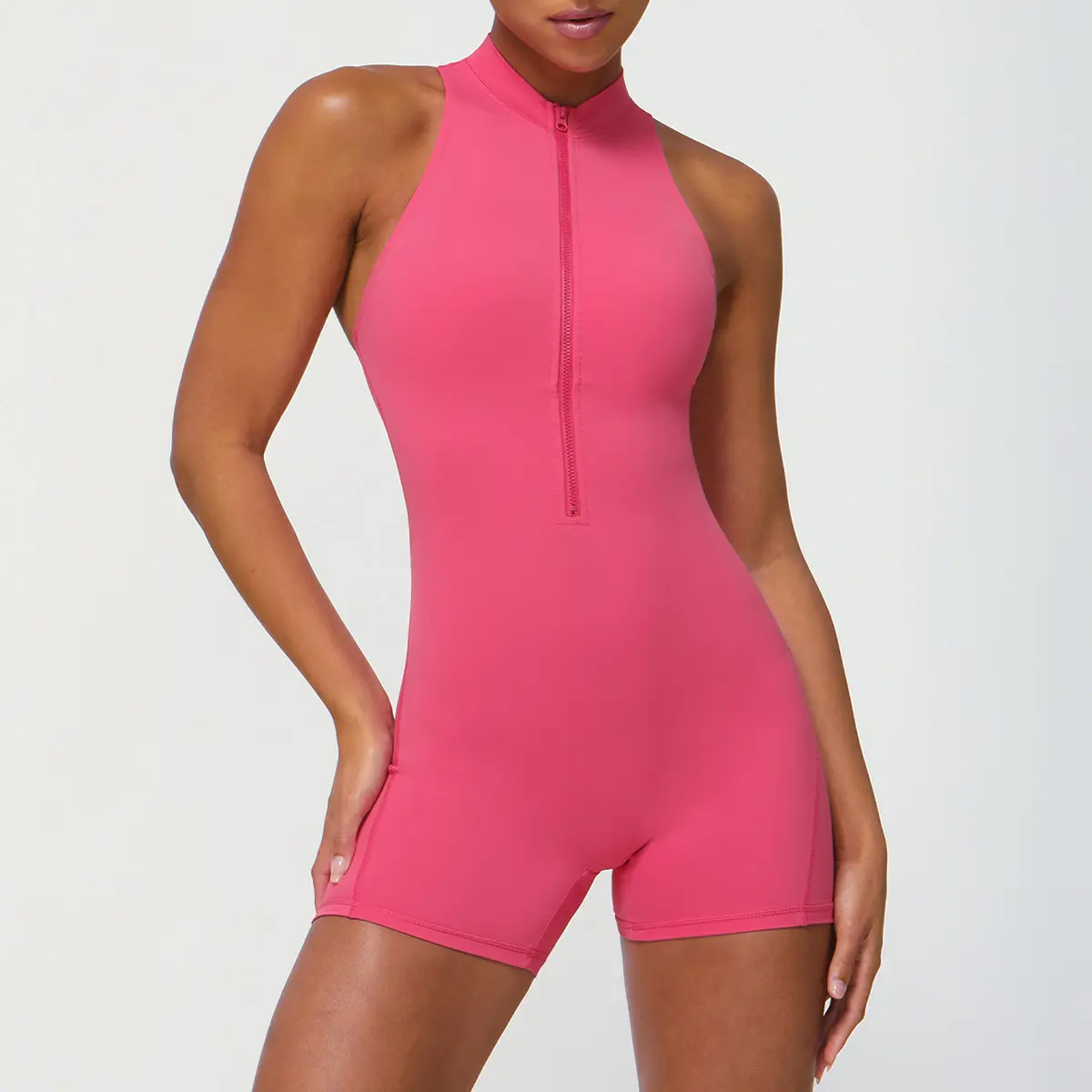 2024 verano Mujer Sexy ZIP up Active Stretchy Yoga Shorts Hot Hollow out Jump Suit estilo sólido conjuntos para adultos
