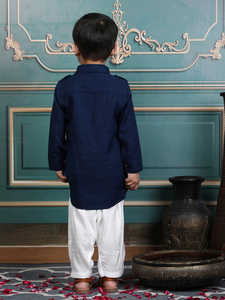 young <b>boy</b> wearing navy blue <b>kurta</b> traditional outfit with wooden buttons stylish ethnic clothing detail portrait - Product Image 2