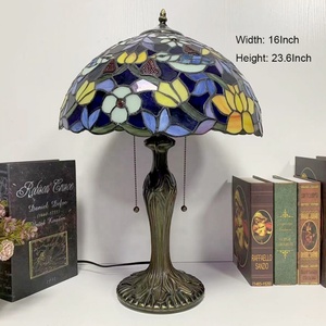 LongHuiJing Tiffany <b>Table</b> <b>Lamps</b> Flower and Birds Stained Glass Lampshade Antique Art Style Desk <b>Lamp</b> With Lotus Metal <b>Base</b> - Product Image 4