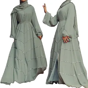 Grosir Turki sederhana Dubai Lebaran jubah Abaya kustom Online warna Solid Abaya wanita gaun Muslim manik-manik berlian terbuka Abaya