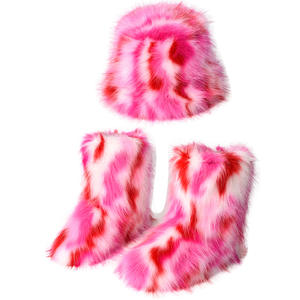 Vente chaude Hiver Chaud Fuzzy Ensemble Bottes En Peluche Colorées Et Chapeau <span class=keywords><strong>De</strong></span> Pêcheur Tie-Dye Coloré Fourrure Seau Chapeau Fourrure Bottes <span class=keywords><strong>De</strong></span> Neige Ensembles - Product Image 1