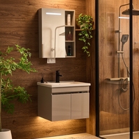Meuble-lavabo mural minimaliste en bois massif avec miroir et vasque en céramique, résistant à l'eau, garantie 3 ans