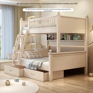 Letto a Castello in Legno Massello, a Due Piani, per Bambini, Bianco Crema, Stile Minimalista, Smontabile, Multifunzionale, per Camera da Letto Ragazzi - Product Image 3