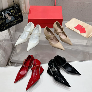 Zapatos de Tacón Alto Mary Jane con Punta en Pico y Tacón de Aguja, de Cuero Lacado, con Cierre de Hebilla, Tacón Cuadrado Retro, de Cuero Genuino, para Boda - Product Image 1