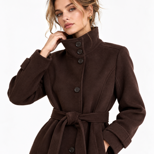 Abrigo largo elegante de mezcla de lana para mujer, con cuello alto, cinturón y lazo en la cintura, color marrón oscuro, para otoño e invierno. - Product Image 2
