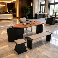 Ensemble de table à thé en bois massif moderne avec cadre noir, table à thé de loisirs avec tabourets et banc pour la maison, la villa, l'hôtel, le bureau, la salle de thé