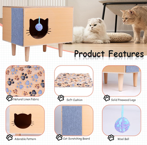 บ้านแมวสำหรับแมวในบ้าน เตียงแมวแบบถ้ำ คอนโดไม้พร้อมเบาะรองนอน ที่ลับเล็บ ลูกบอลขนฟู สำหรับลูกแมวขนาดใหญ่ สัตว์เลี้ยงขนาดเล็ก แมวจรจัด ที่หลบซ่อน - Product Image 3