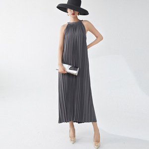 Đầm xếp li Miyake thanh lịch cho nữ Đầm dự tiệc dáng rộng không tay cổ dây trang phục nghỉ dưỡng mùa hè <span class=keywords><strong>2025</strong></span> - Product Image 1