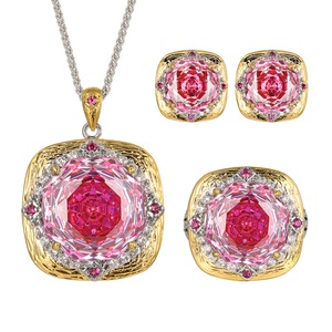 Fashion Rose Cut 18-14MM Pink Cubic Zirconia Jewelry Set Eco-friendly Copper Vintage Elegant Pendant <b>Earrings</b> Set for Women - Product Image 1