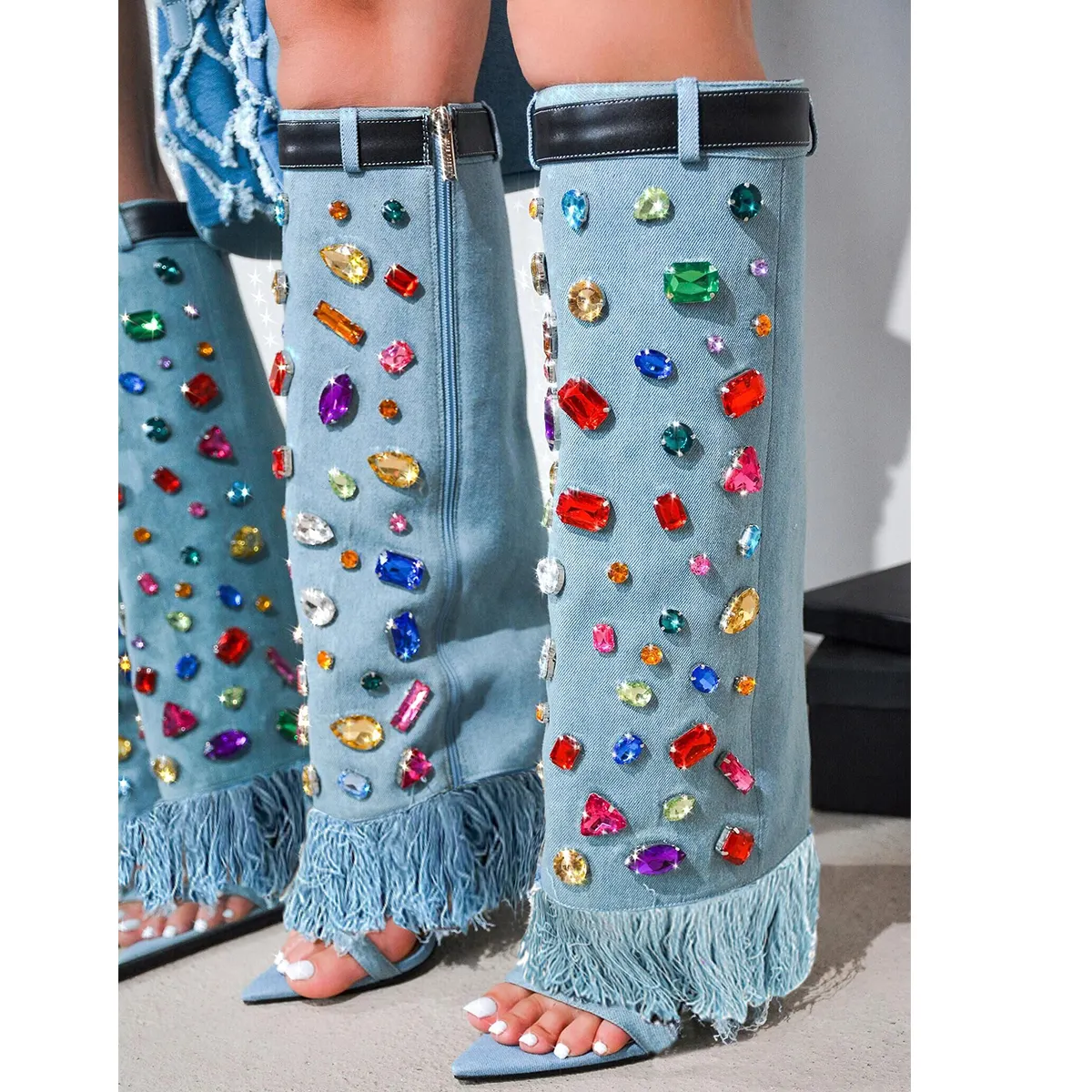 Hot sale New Heavy Industry color rhinestone 2024 denim high heel cool boots fashion women's shoes