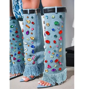 Hot Bán Mới Ngành Công Nghiệp Nặng Màu Rhinestone 2024 Denim Cao Gót Mát Khởi Động Thời Trang Của Phụ Nữ Giày