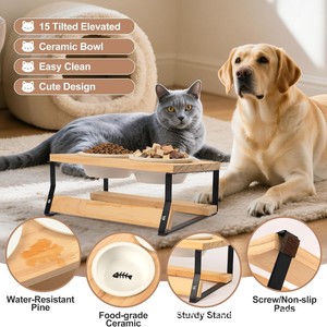 Gamelle pour animaux de compagnie en bois avec structure en bois massif, double gamelle en céramique pour nourriture et eau, gamelle pour chat protégeant le cou, anti-renversement en bois - Product Image 3